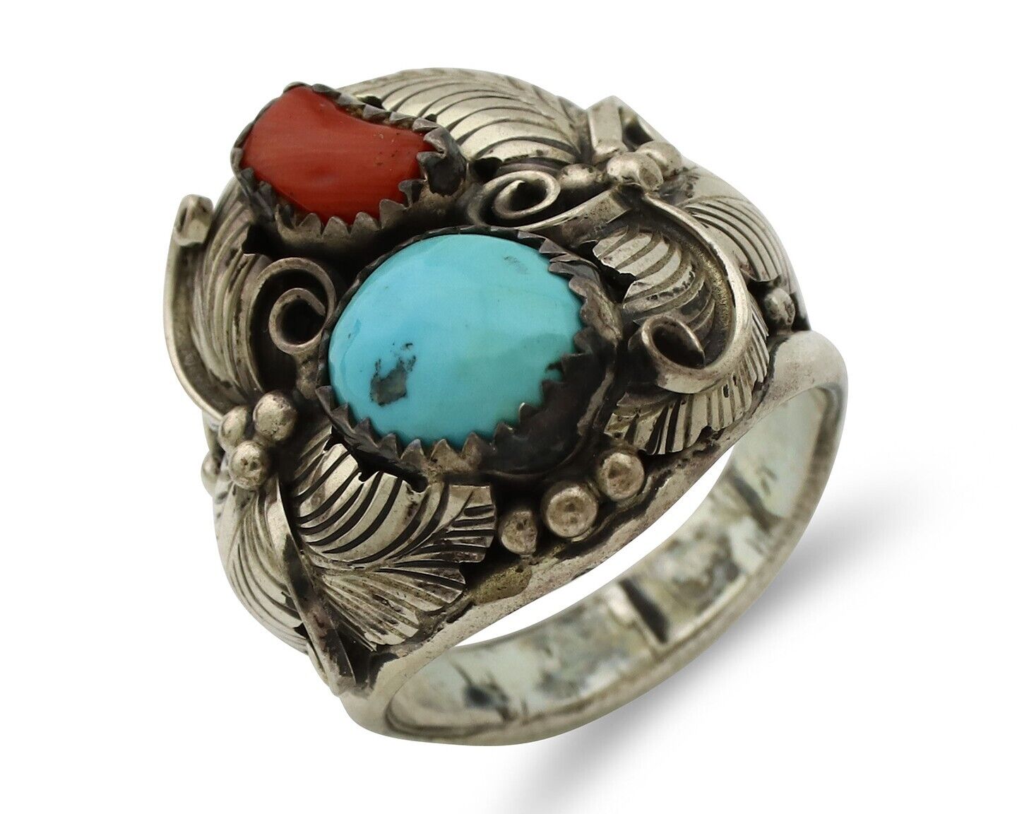 Navajo Ring 925 Silver Blue Turquiose & Mediterranean Coral Native Artist C.80's