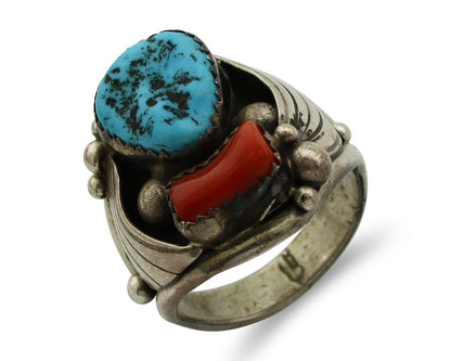 Zuni Ring 925 Silver Blue Turquoise & Coral Artsti Signed Patsy Allopowa C.80's