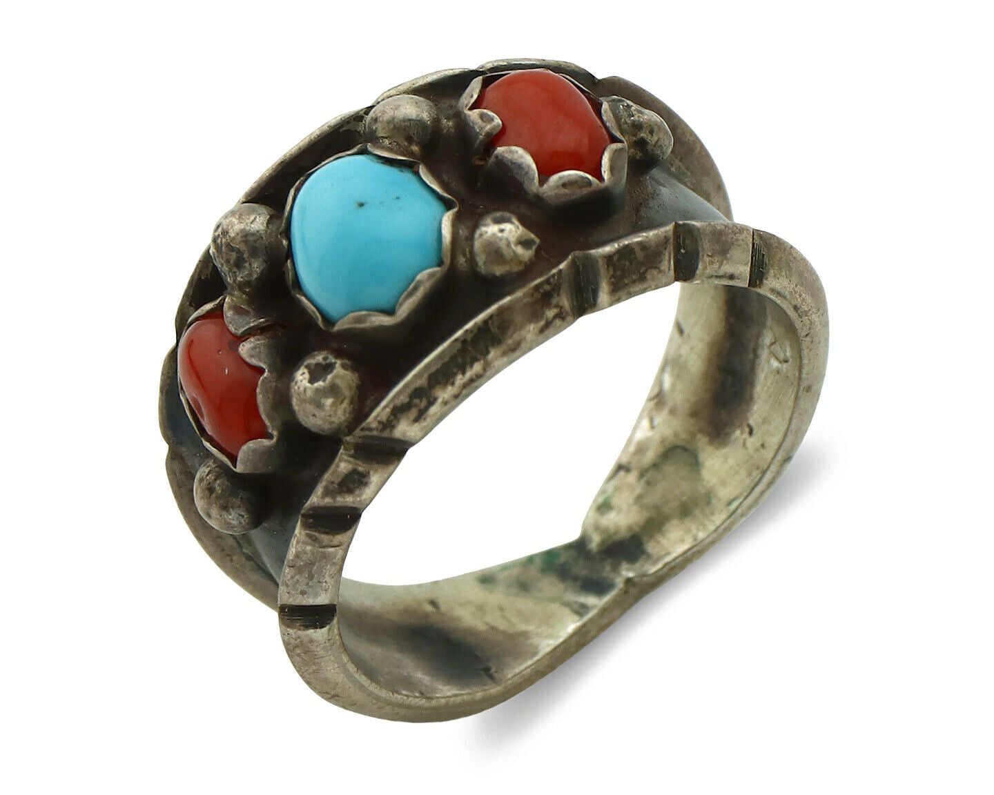 Zuni Ring .925 Silver Turquoise & Coral Artist Signed Milton Lasillo C.80's
