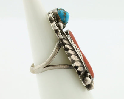 Navajo Handmade Ring 925 Silver Turquiose & Coral Native American Artist C.80's