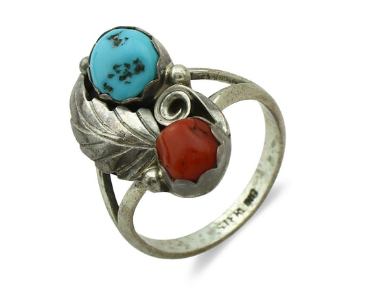 Navajo Ring .925 Silver Turquoise & Coral Native American Artist C.80's