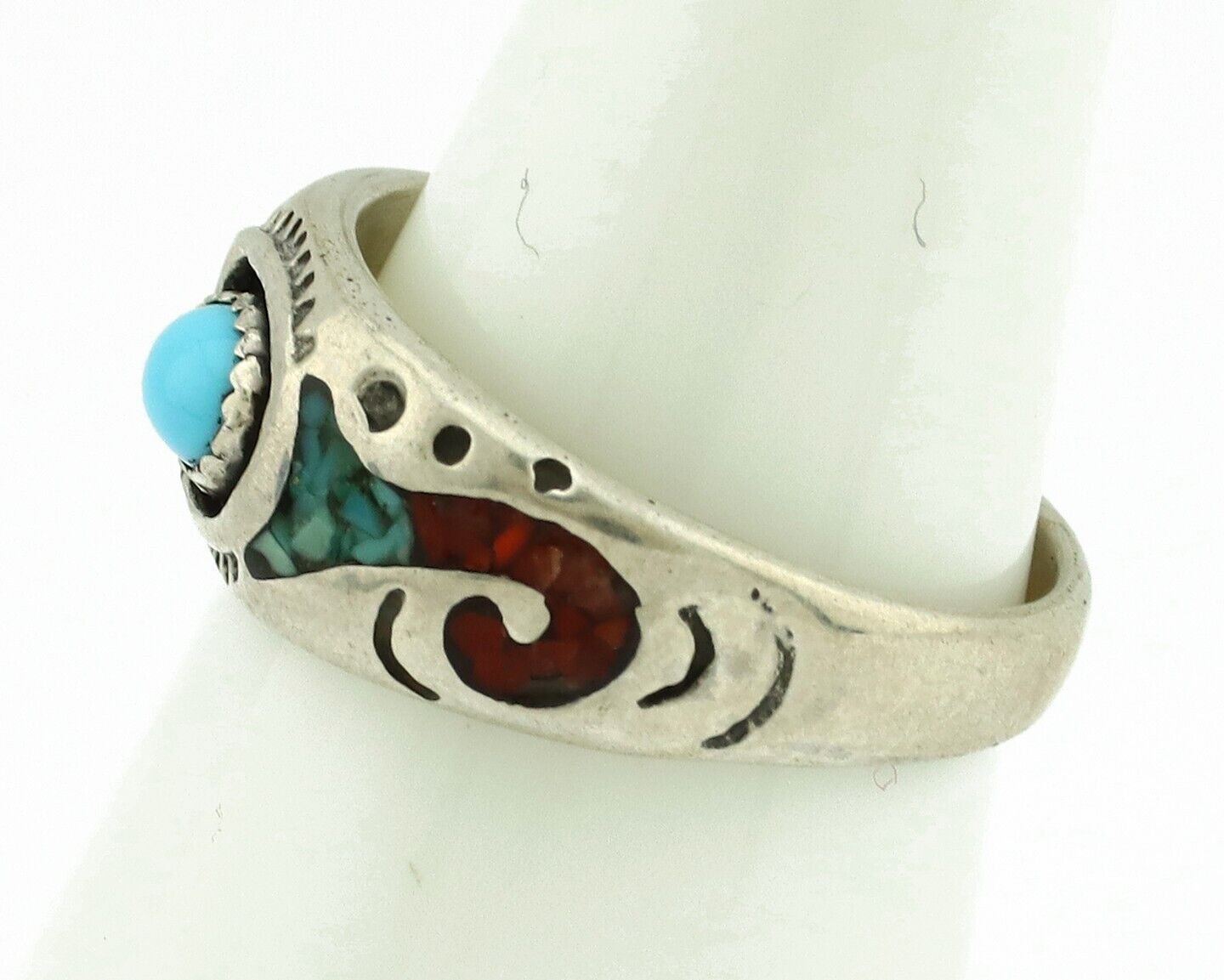 Navajo Handmade Ring 925 Silver Blue Turquoise & Coral Native American C.80's