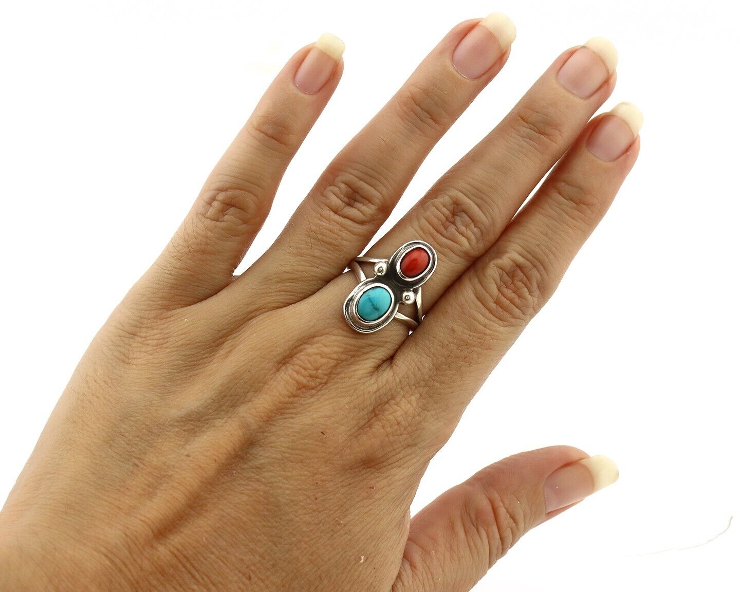 Navajo Handmade Ring 925 Silver Coral & Turquoise Native American Artist C.80's