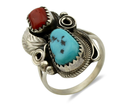 Navajo Ring .925 Silver Turquoise & Coral Artist Signed J Morris C.80's