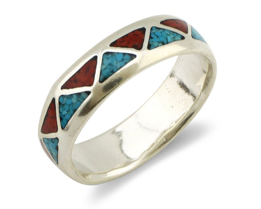 Navajo Chip Inlay Ring 925 Silver Sleeping Beauty Turquoise & Coral Silver Cloud