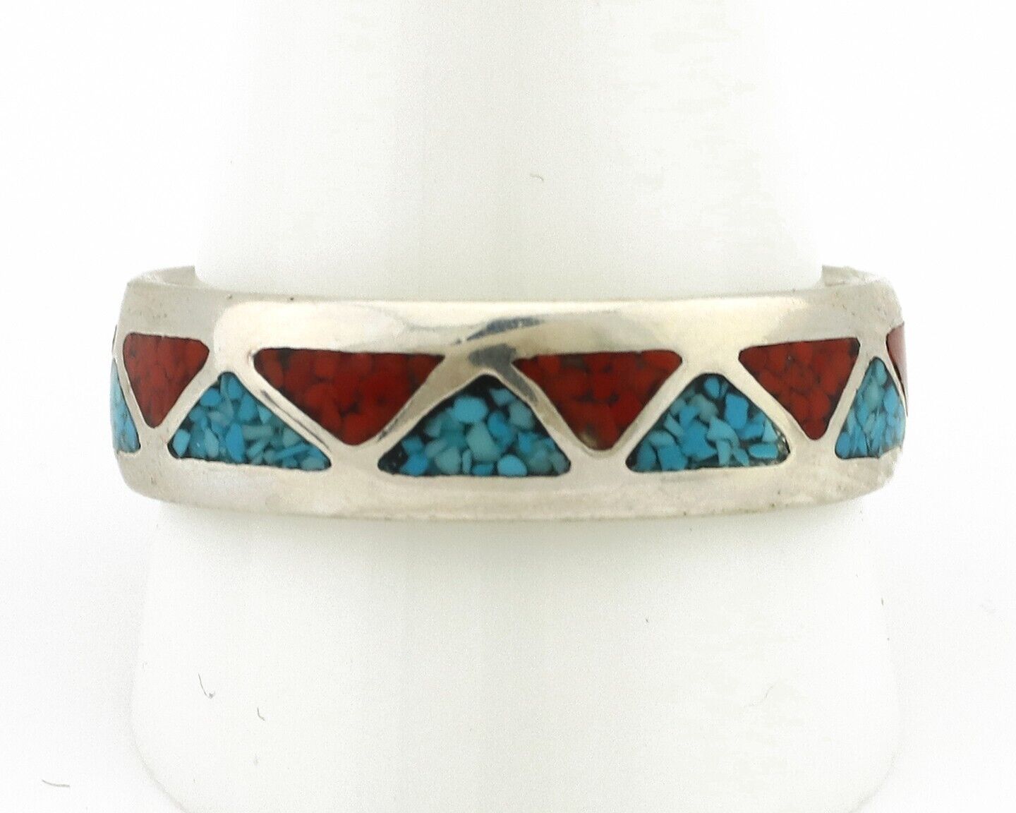 Navajo Chip Inlay Ring 925 Silver Sleeping Beauty Turquoise & Coral Silver Cloud