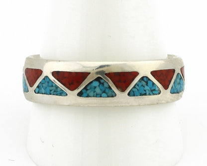 Navajo Chip Inlay Ring 925 Silver Sleeping Beauty Turquoise & Coral Silver Cloud