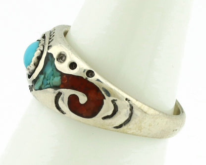 Navajo Handmade Ring 925 Silver Blue Turquoise & Coral Native American C.80's