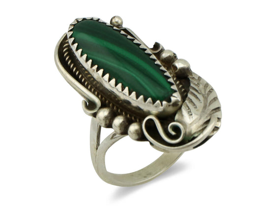 Navajo Ring 925 Silver Natural Green Malachite Signed Justin Morris C.80's