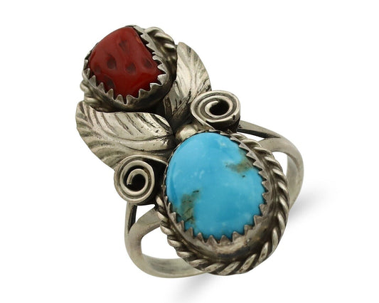 Navajo Ring 925 Silver Blue Turquiose & Coral Artist Signed Justin Morris C.80's