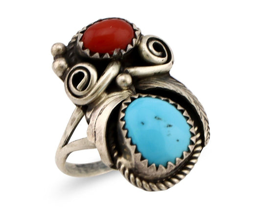 Navajo Ring 925 Silver Blue Turquiose & Coral Artist Signed Justin Morris C.80's