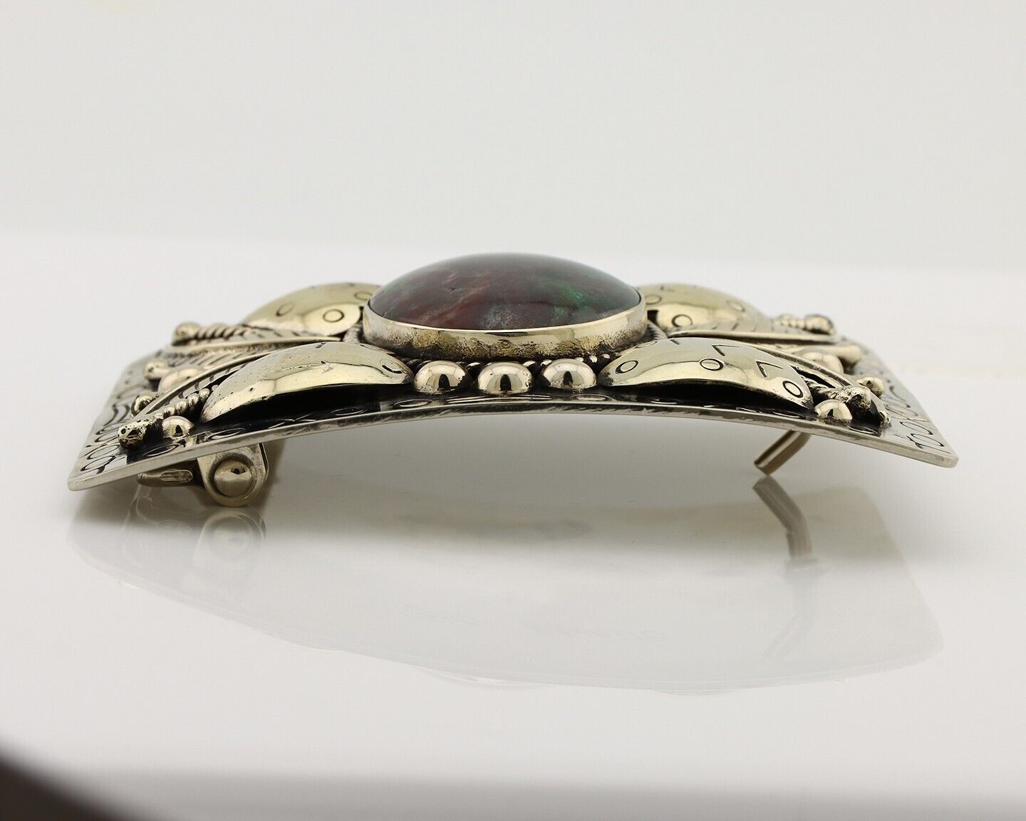 Navajo Belt Buckle .999 Nickel Agate Native American Artist Handmade C.1980's