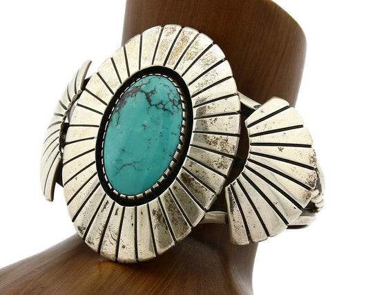 Navajo Bracelet .925 Silver Turquoise Mountain Signed K. Lewis C.80's