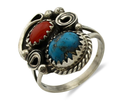 Navajo Ring .925 Silver Morenci Turquoise & Coral Native Artist Signed JM C.80's