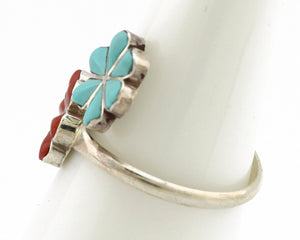 Zuni Flower Ring 925 Silver Turquoise & Coral Native American Artist C.80's
