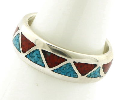 Navajo Chip Inlay Ring 925 Silver Sleeping Beauty Turquoise & Coral Silver Cloud