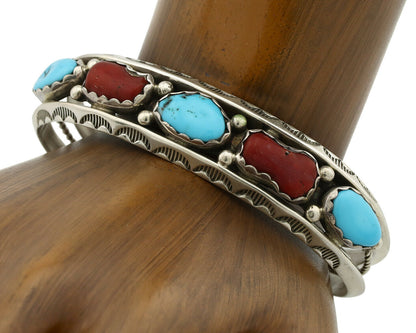 Navajo Bracelet .925 Silver Turquoise & Coral Artist Larry Moses Begay C.90's