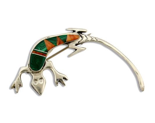 Navajo Lizard Brooch Pin 925 Sterling Silver Multi Stone Inlay Wilbur Muskett Jr