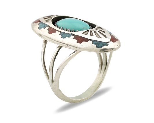 Navajo Ring 925 Silver Turquoise & Coral Signed Circle JW C.80s