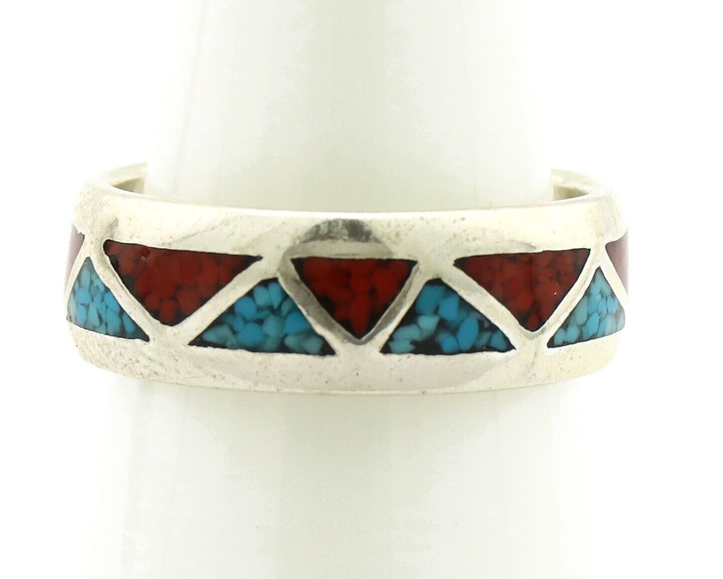 Navajo Chip Inlay Ring 925 Silver Sleeping Beauty Turquoise & Coral Silver Cloud