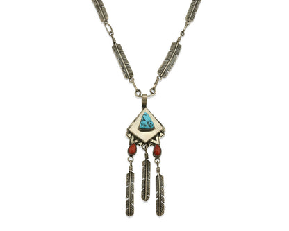 Navajo Necklace .925 Silver Red Coral & Turquoise Signed G C.1977