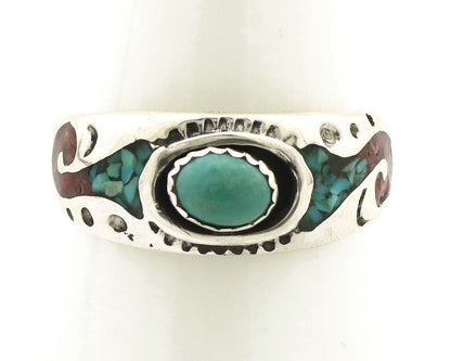 Navajo Handmade Ring 925 Silver Blue Turquoise & Coral Native American C.80's