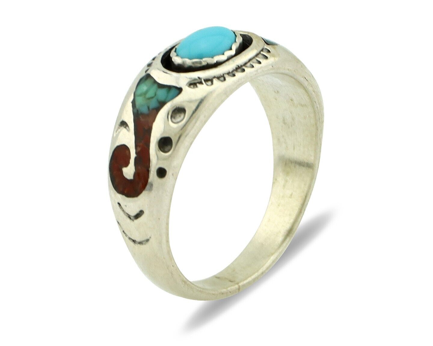 Navajo Handmade Ring 925 Silver Blue Turquoise & Coral Native American C.80's