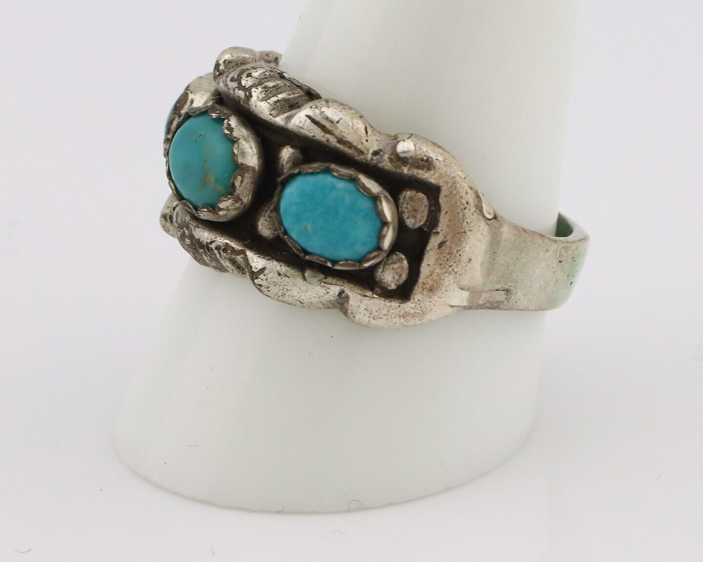 Navajo Ring .925 Silver Natural Blue Turquoise Artist Signed Sun Bell C.80's