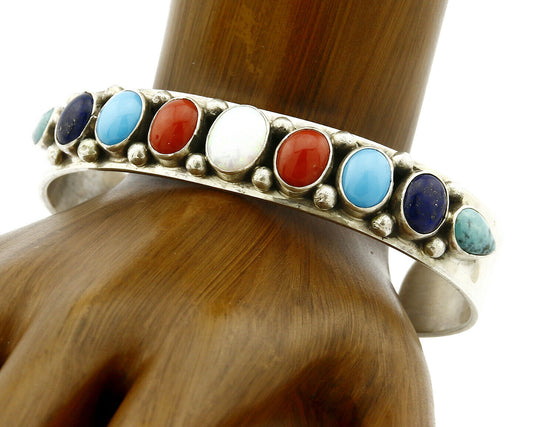 Women's Gemstone Navajo Bracelet .925 Silver Signed Leonard James C.80's