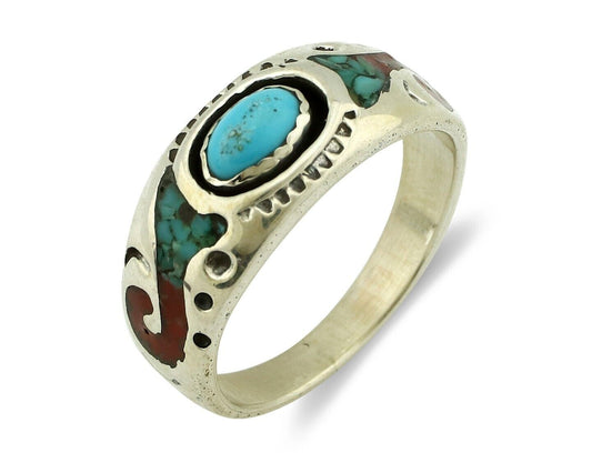 Navajo Handmade Ring 925 Silver Blue Turquoise & Coral Native American C.80's