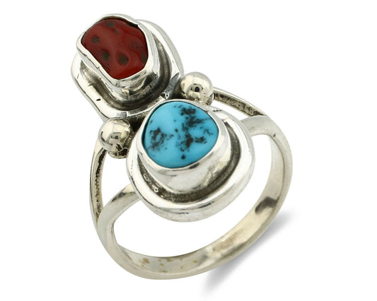 Navajo Ring .925 Silver Red Coral & Blue Turquoise Native Artist C.80's