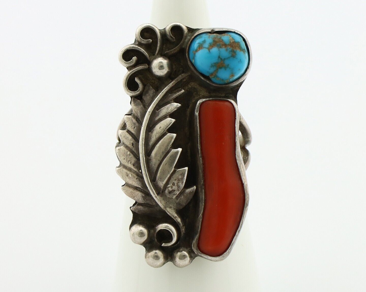 Navajo Handmade Ring 925 Silver Turquiose & Coral Native American Artist C.80's