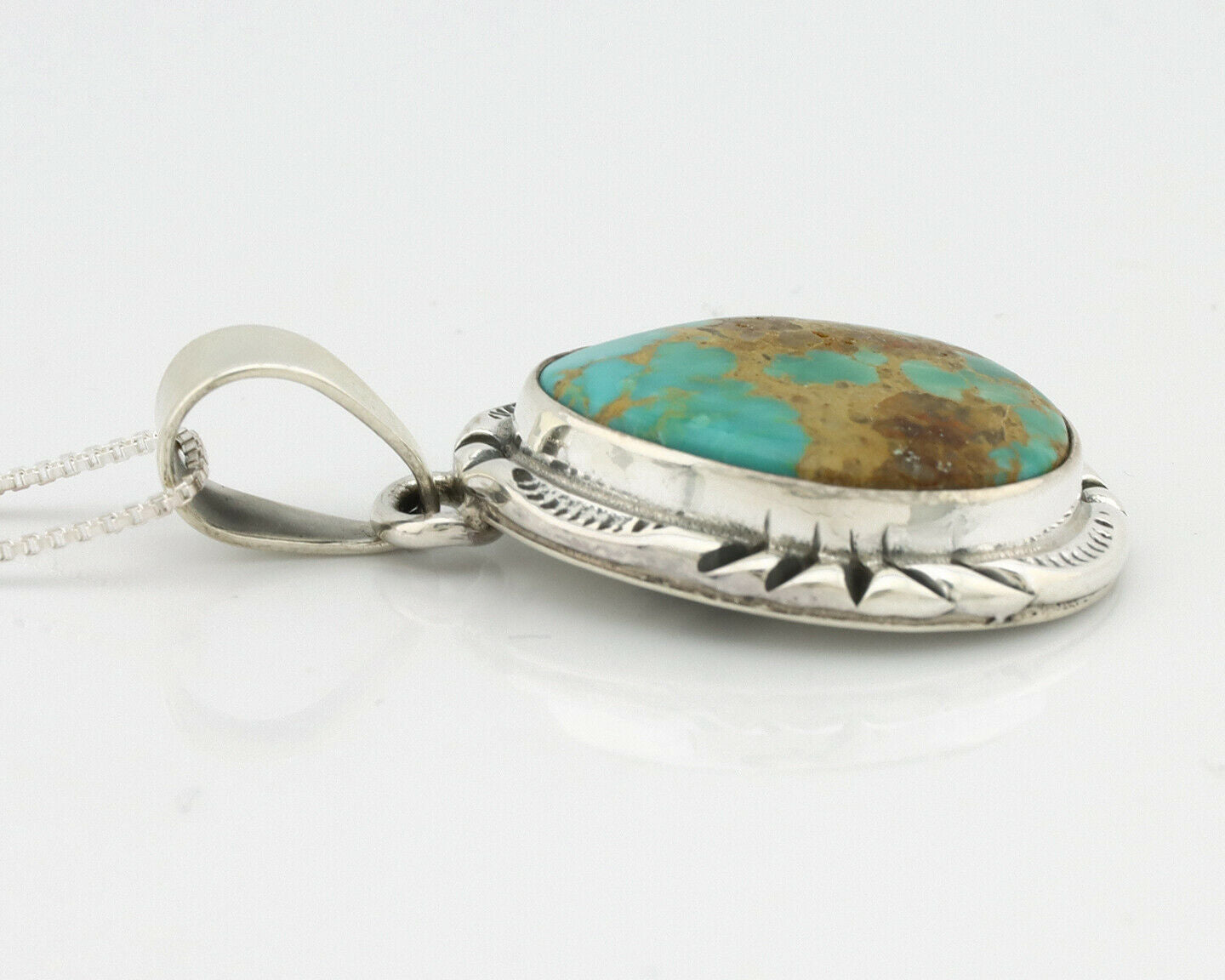 Navajo Kingman Turquoise Pendant .925 Silver Hand Stamped Signed Gecko C.80's