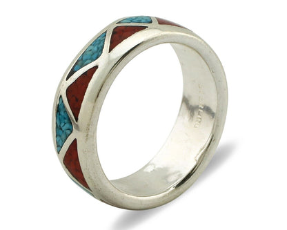 Navajo Chip Inlay Ring 925 Silver Sleeping Beauty Turquoise & Coral Silver Cloud