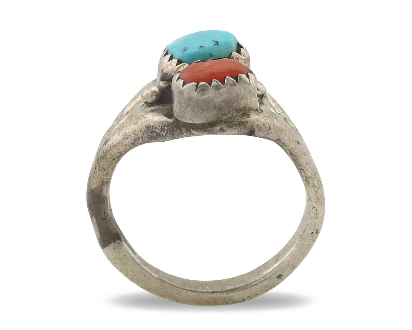 Zuni Ring .925 Silver Natural Turquoise & Coral Native American Artist C.1980's