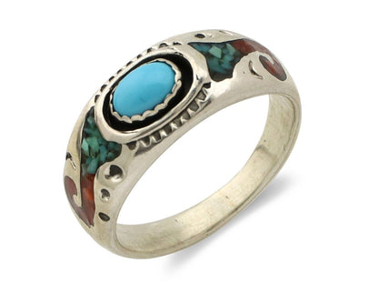 Navajo Handmade Ring 925 Silver Blue Turquoise & Coral Native American C.80's