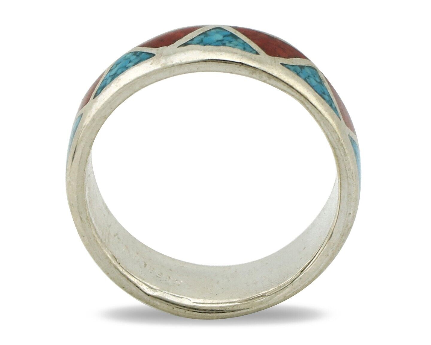 Navajo Chip Inlay Ring 925 Silver Sleeping Beauty Turquoise & Coral Silver Cloud