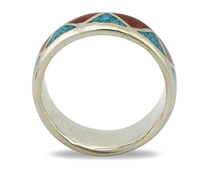 Navajo Chip Inlay Ring 925 Silver Sleeping Beauty Turquoise & Coral Silver Cloud