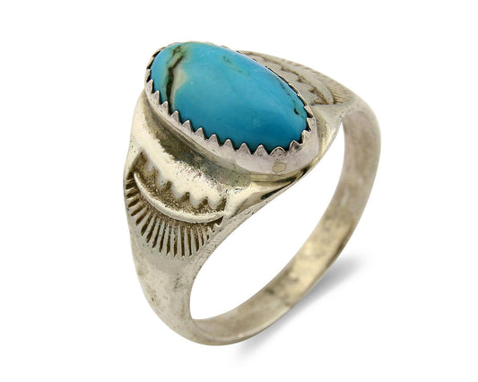 Zuni Ring .925 Silver Kingman Turquoise Hand Stamped Native American C.80's