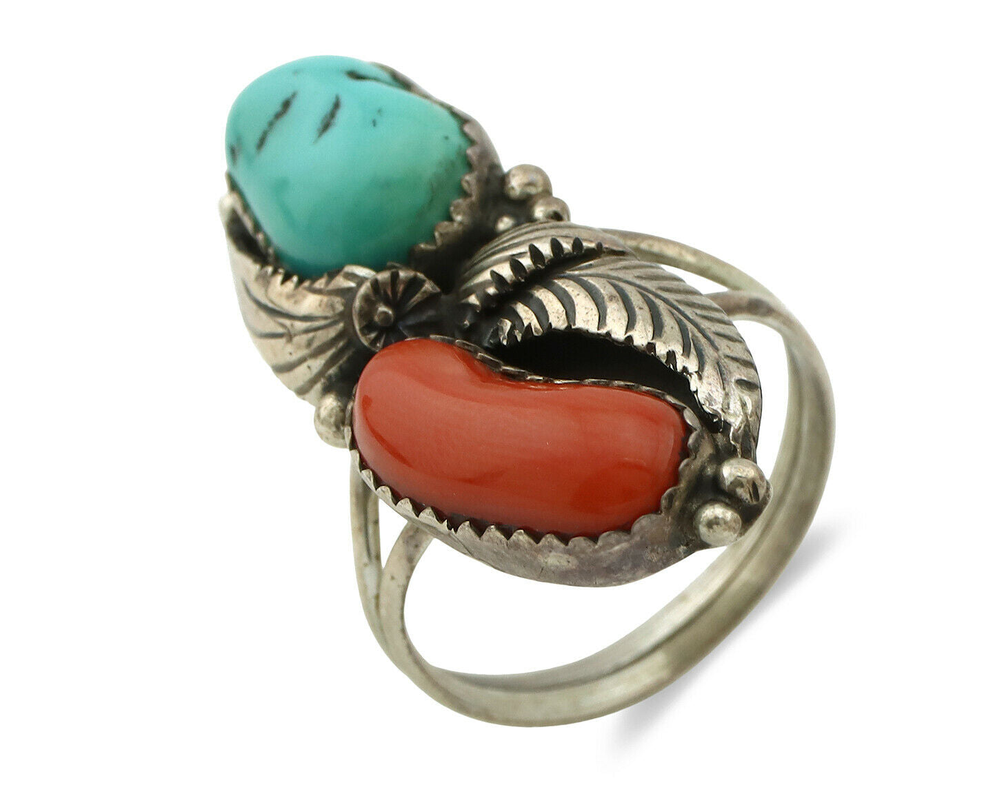 Navajo Ring .925 Silver Turquoise & Coral Artist Signed Tom Willeto C.80's