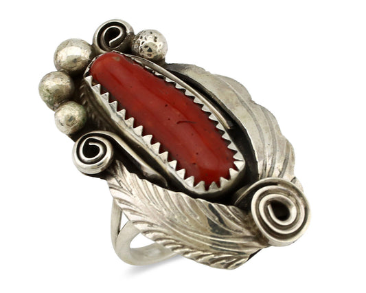 Navajo Ring 925 Silver Mediterranean Coral Artist Signed Justin Morris C.80's