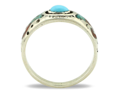 Navajo Handmade Ring 925 Silver Blue Turquoise & Coral Native American C.80's