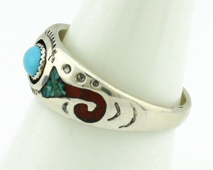Navajo Handmade Ring 925 Silver Blue Turquoise & Coral Native American C.80's