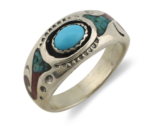 Navajo Handmade Ring 925 Silver Blue Turquoise & Coral Native American Artist