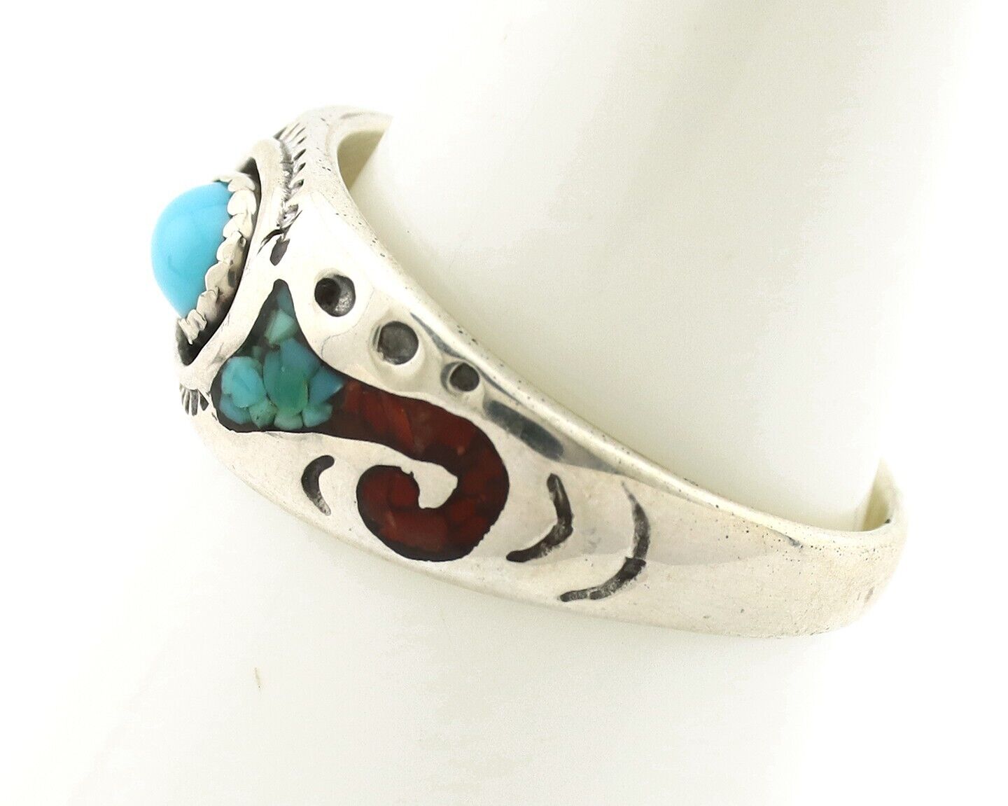 Navajo Handmade Ring 925 Silver Blue Turquoise & Coral Native American C.80's