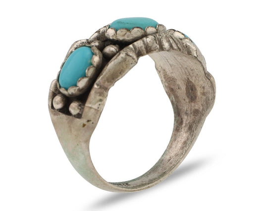 Navajo Ring .925 Silver Natural Blue Turquoise Artist Signed Sun Bell C.80's