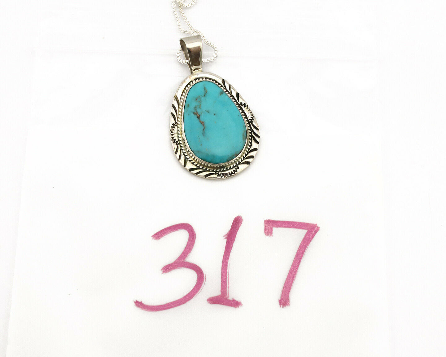 Navajo Necklace .925 Silver Kingman Turquoise Signed PM C.1980's