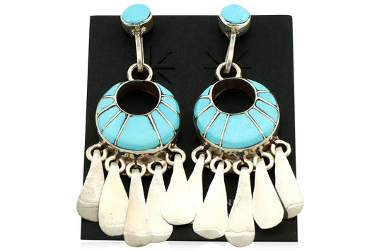 Zuni Earrings .925 Silver Inlaid Blue Turquoise Artist Native C.80