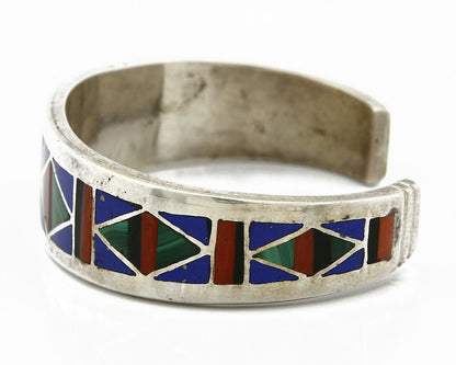 C. 1980's Zuni Inlaid Natural Gemstone .925 Silver Cuff Bracelet