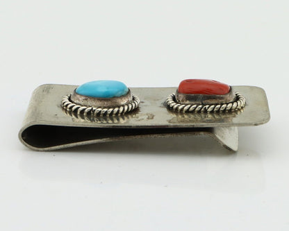 Navajo Money Clip 925 Silver & 999 Nickel Natural Turquoise & Coral Artist C80